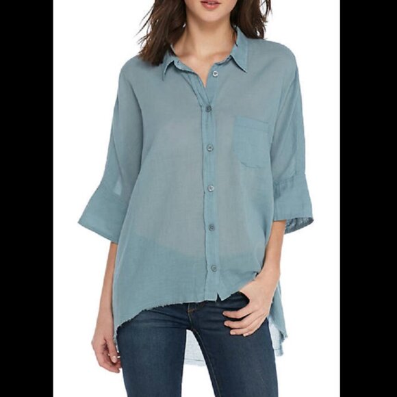Free People | Dusty Blue Button Front 100% Cotton Bohemian Shirt Size XS - Picture 1 of 6